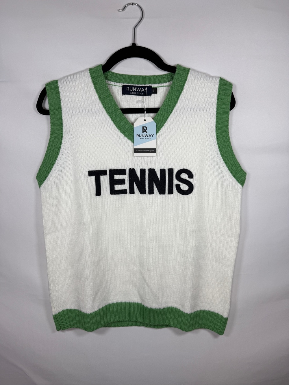 Runway Athletics Tennis Sweater Vest XS White Green V-Neck Tenniscore NWT